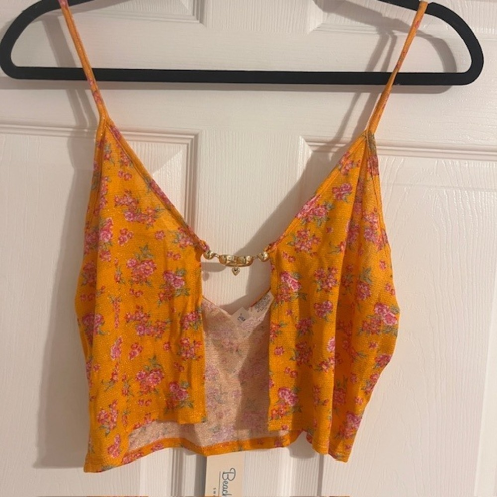 Beach Bunny Saddie‎ Crop Top Swim Coverup Floral Heart Clasp Orange Pink LG